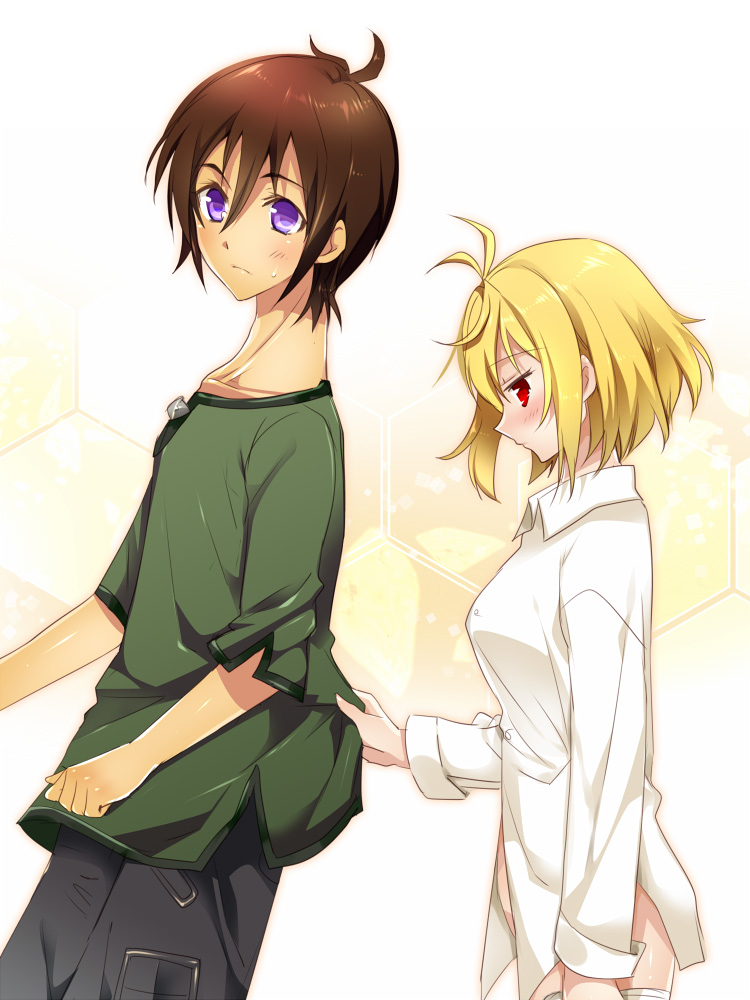 10s, 1boy, 1girl, angelise_ikaruga_misurugi, blonde_hair, blush, brown_hair, couple