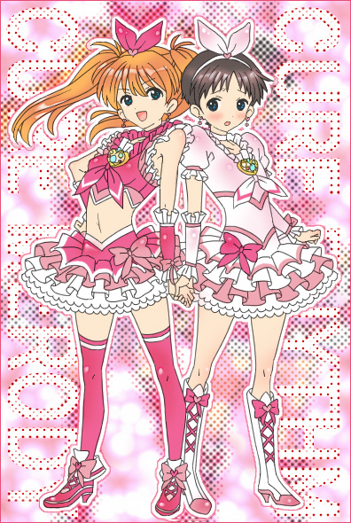 1boy, 1girl, androgynous, bad_id, bad_pixiv_id, black_hair, blue_eyes, blush, boots, bow, cosplay, crossdressing, cure_melody, cure_melody_(cosplay), cure_rhythm, cure_rhythm_(cosplay), earrings, hair_bow, hetero, holding_hands, ikari_shinji, jewelry, magical_girl, midriff, neon_genesis_evangelion, orange_hair, parody, precure, skirt, souryuu_asuka_langley, suite_precure, thighhighs, trap, yagisu