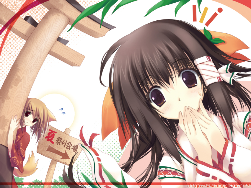 2girls, animal_ears, covering_own_mouth, flying_sweatdrops, fox_ears, fox_tail, hair_tubes, highres