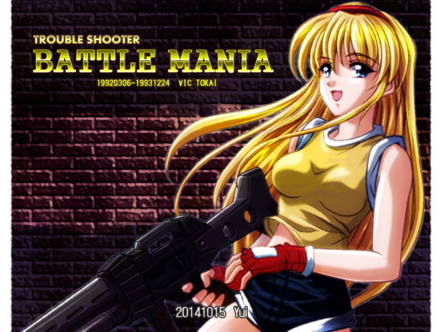 10s, 1990s_(style), 1girl, 2014, :d, bare_shoulders, battle_mania, blonde_hair