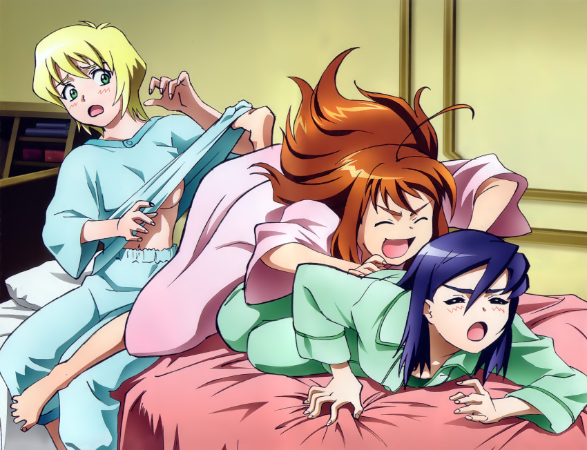 00s, 3girls, alternate_hairstyle, arika_yumemiya, barefoot, blonde_hair, breasts, erstin_ho