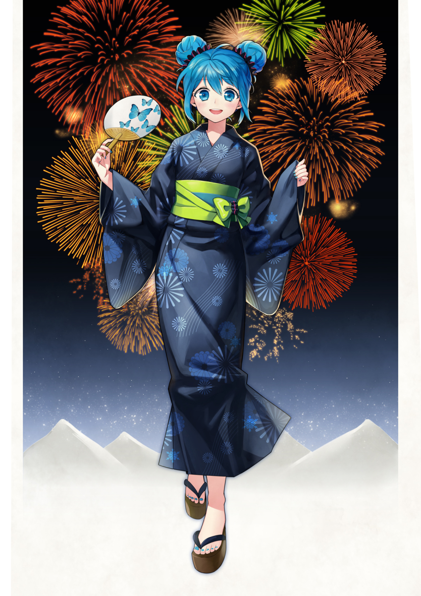 1girl, ahoge, alternate_hairstyle, aqua_eyes, aqua_hair, azure090, double_bun, female_focus, fireworks, hair_bun, hand_fan, hatsune_miku, hatsune_miku_(yukata_style), highres, japanese_clothes, kimono, looking_at_viewer, nail_polish, night, open_mouth, paper_fan, platform_sandals, sandals, solo, toenail_polish, toenails, uchiwa, vocaloid, yukata