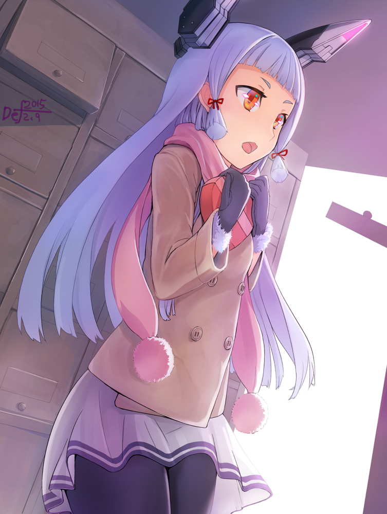 10s, 1girl, black_gloves, black_pantyhose, blunt_bangs, blush, def_(chronowarld), dress, female_focus, gloves, hair_ribbon, headgear, kantai_collection, long_hair, murakumo_(kancolle), murakumo_(valentine)_(kancolle), open_mouth, pantyhose, ribbon, sailor_dress, scarf, school_uniform, serafuku, short_dress, silver_hair, solo, valentine