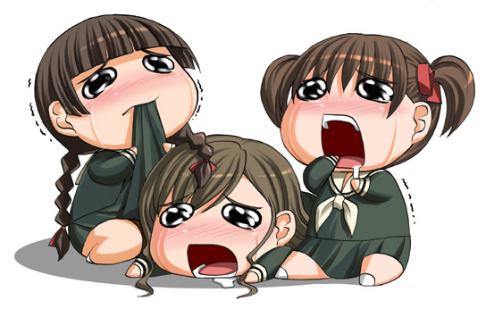 00s, 3girls, blunt_bangs, blush, chibi, chibi_only, fukuzawa_yumi, full-face_blush, green_shirt, green_skirt, hungry, katwu_(gensou_ninja_yashiki), long_sleeves, lying, maria-sama_ga_miteru, multiple_girls, neckerchief, neffy, on_stomach, pleated_skirt, sailor_collar, school_uniform, serafuku, shimazu_yoshino, shirt, short_hair, simple_background, sitting, skirt, tears, toudou_shimako, white_background, yuri