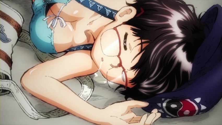 1girl, breasts, glasses, nazo_no_kanojo_x, oka_ayuko, saliva, short_hair, sleepy