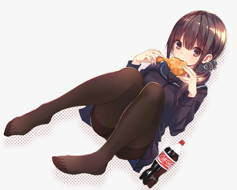 1girl, black_pantyhose, blush, bottle, brown_eyes, brown_hair, chicken_(food), coca-cola