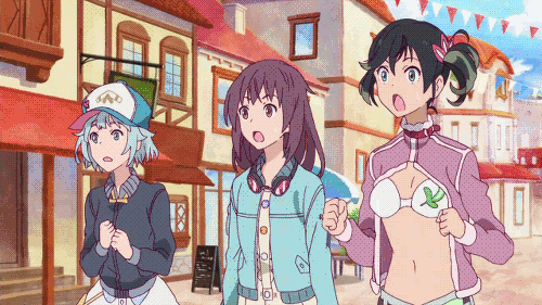 >_<, 10s, 4girls, animated, animated_gif, bikini, bikini_top_only, black_hair