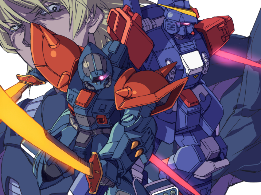 atsushi/hao, blonde_hair, blue_destiny_02, dual_wielding, efreet_custom, gundam, gundam_side_story:_the_blue_destiny, highres