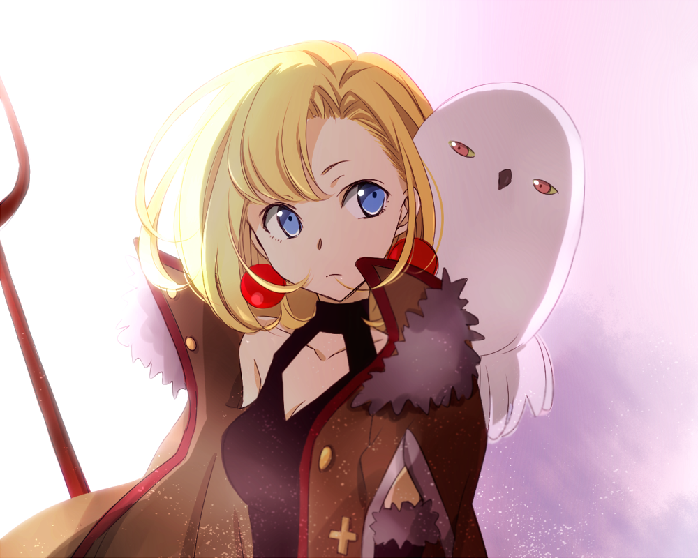 1girl, artemis_(junketsu_no_maria), artemis_(junketsu_no_maria)_(bird), bird, blonde_hair, blue_eyes, coat, earrings