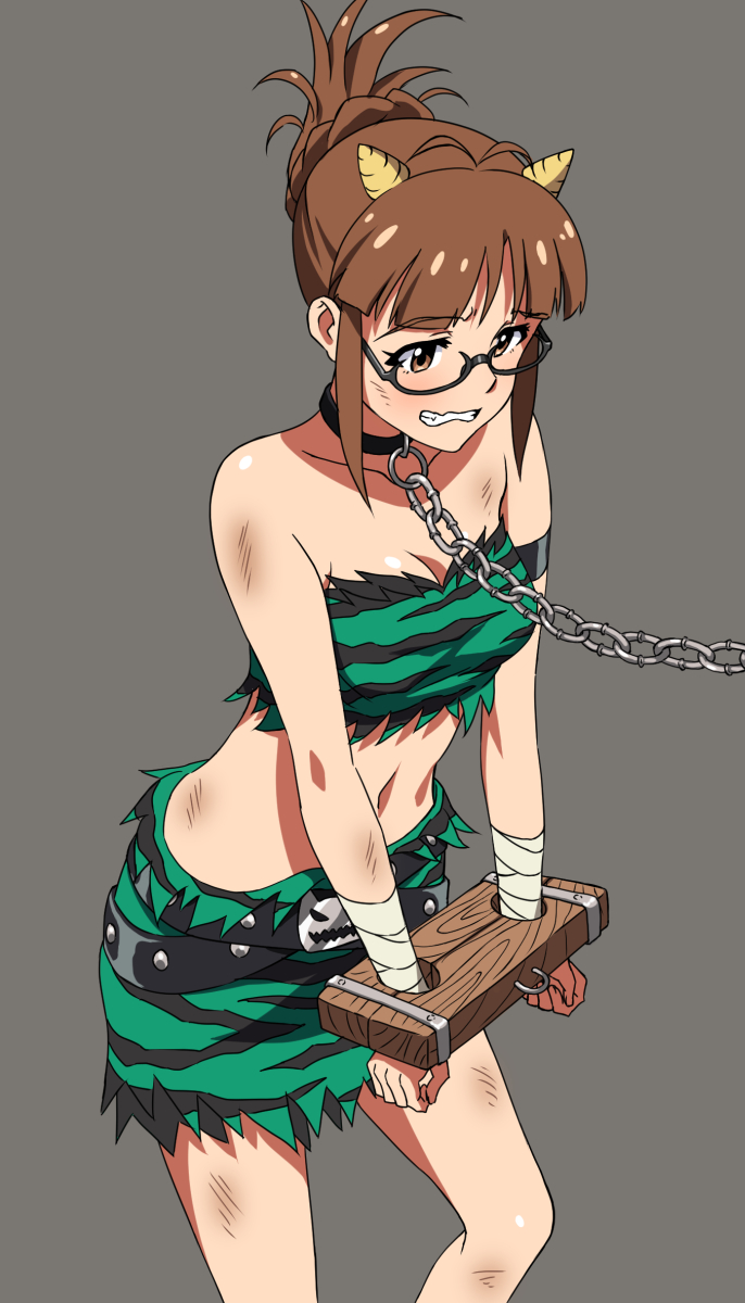 10s, 1girl, akizuki_ritsuko, animal_print, bdsm, belt, bondage, bound