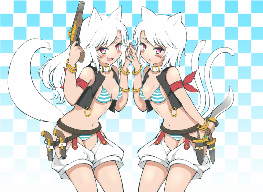 2girls, animal_ears, antique_firearm, bikini, blush, breasts, cat_ears, cat_tail