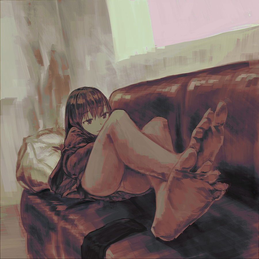 10s, 1girl, bare_legs, barefoot, black_hair, couch, feet, female_focus, foot_focus, foreshortening, idolmaster, idolmaster_cinderella_girls, legs, light_smile, long_legs, lying, on_back, panties, sepia, shibuya_rin, socks, soles, solo, spread_toes, toes, underwear, unworn_socks, upskirt, yasushi