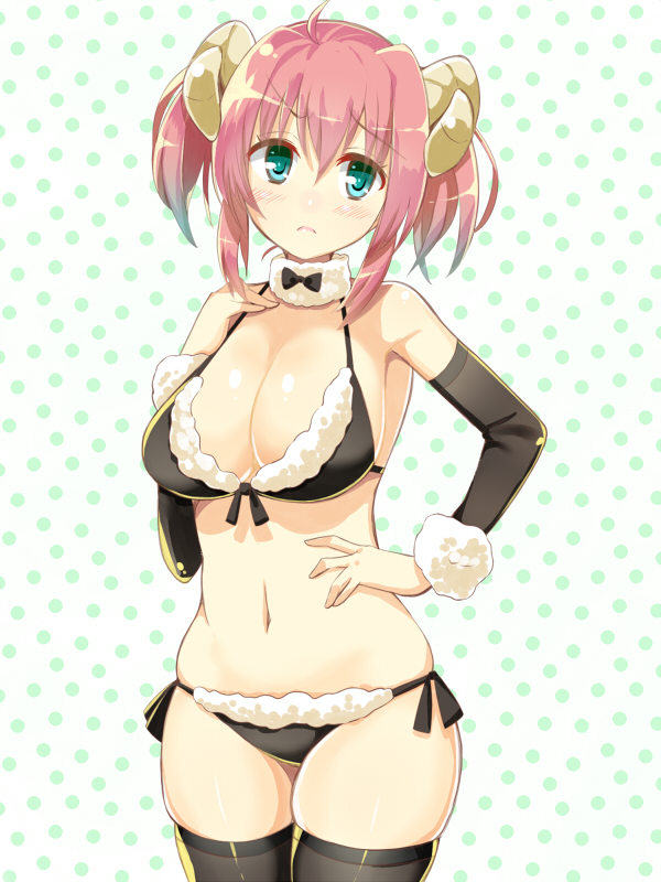 1girl, ahoge, bikini, black_bikini, black_thighhighs, blush, breasts, choker