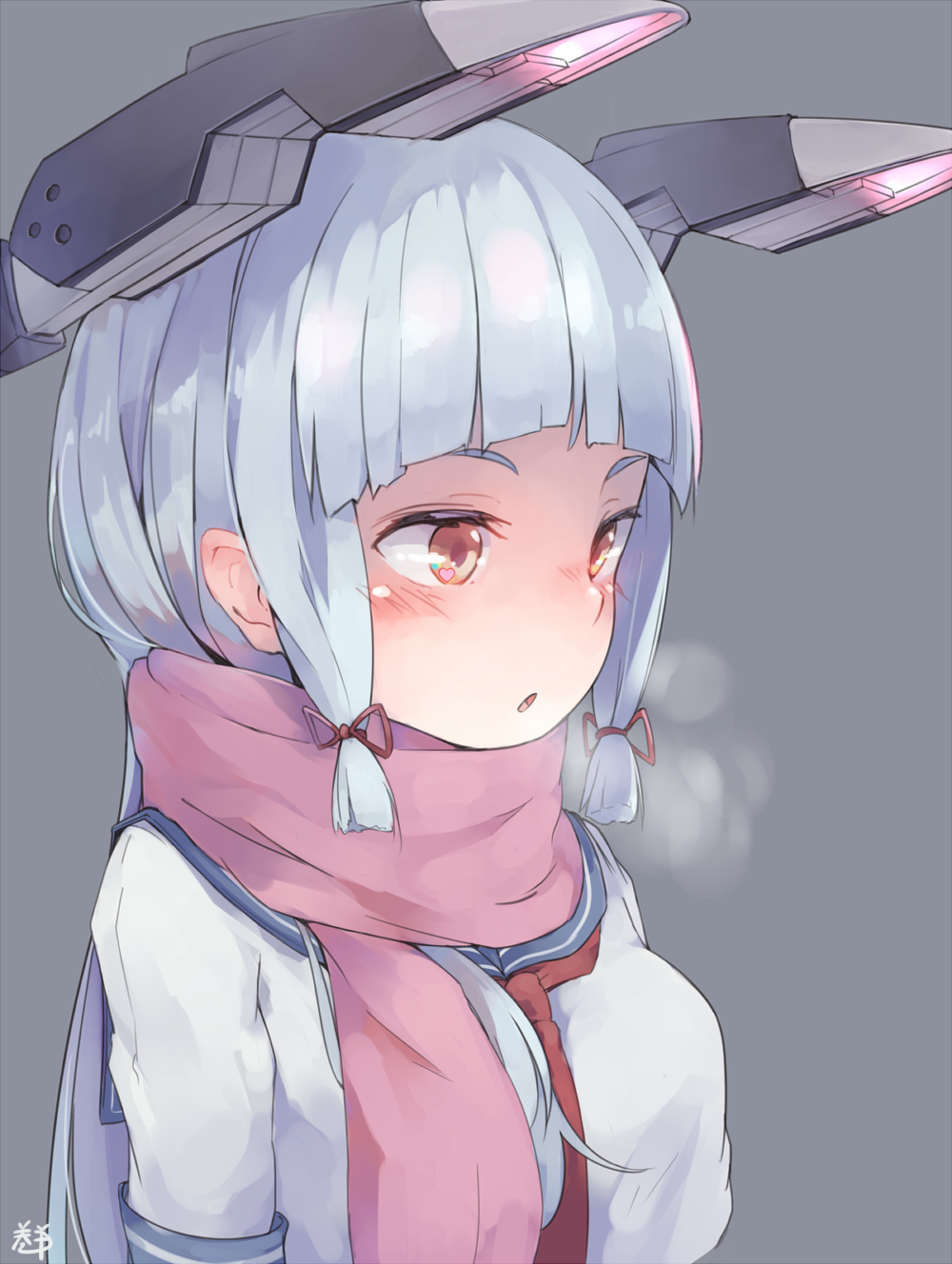 10s, 1girl, aqua_hair, blunt_bangs, breath, dress, female_focus, grey_background