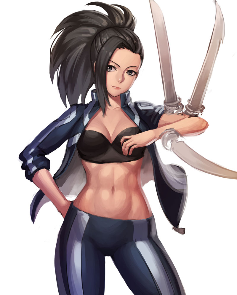 10s, 1girl, abs, black_hair, blade, boku_no_hero_academia, breasts, cleavage, diestro, female_focus, hair_over_one_eye, hand_on_own_hip, jacket, lips, long_hair, midriff, navel, open_clothes, open_jacket, ponytail, sleeves_rolled_up, solo, yaoyorozu_momo