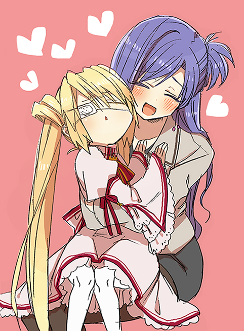 10s, 2girls, ashida_yuri, blazer, blonde_hair, eyepatch, hug, hug_from_behind