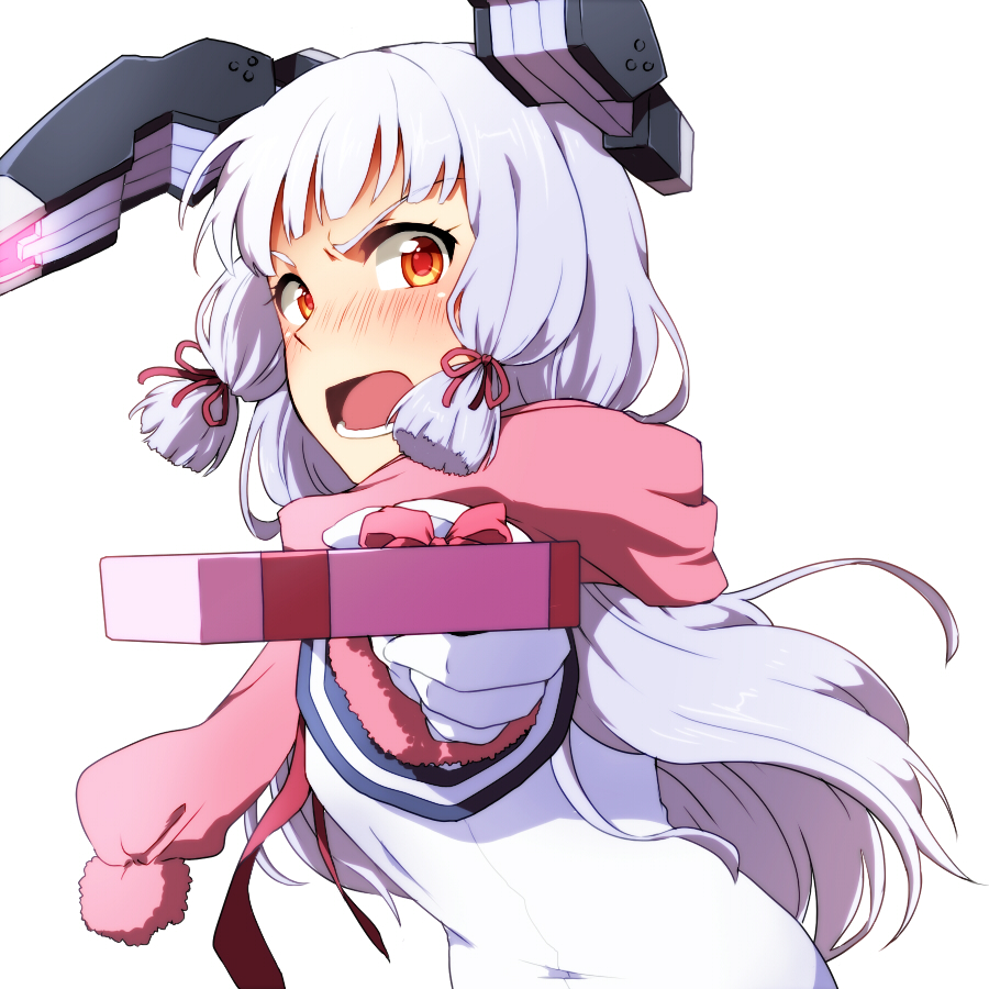 10s, 1girl, blush, dress, female_focus, gift, gloves, hair_ribbon