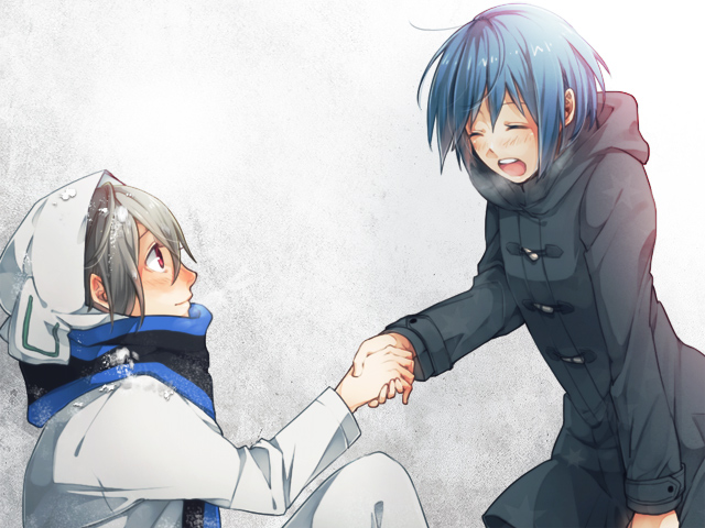 1boy, 1girl, animal_hood, blue_hair, coat, etsusa_oohashi, gime, holding_hands