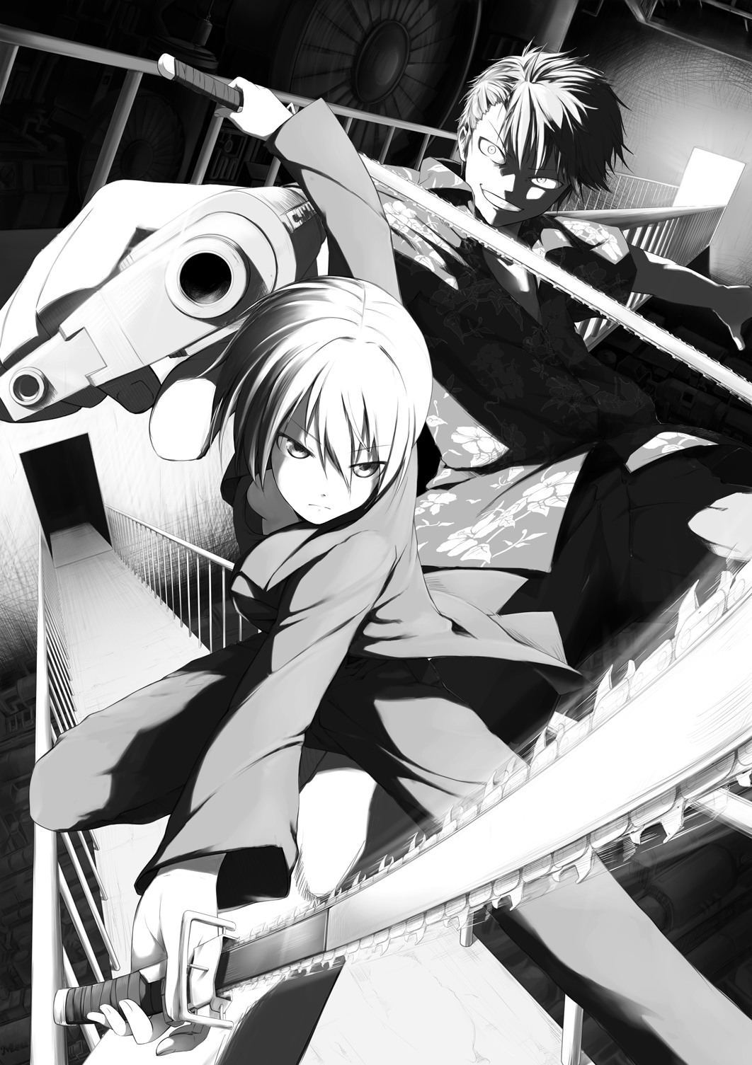 1boy, 1girl, chainsword, dual_wielding, etsusa_oohashi, greyscale, gun, highres