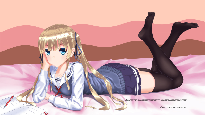 1girl, black_thighhighs, blonde_hair, blue_eyes, conceptx, female_focus, highres, long_legs