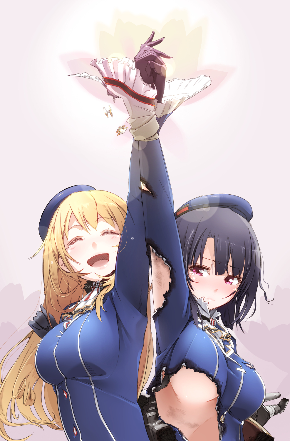 10s, 2girls, :d, ^_^, arm_up, atago_(kancolle), bad_id, bad_pixiv_id