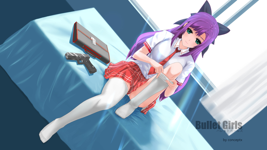 1girl, bag, bed, bed_sheet, bullet_girls, conceptx, curtains, doiuchi_mai