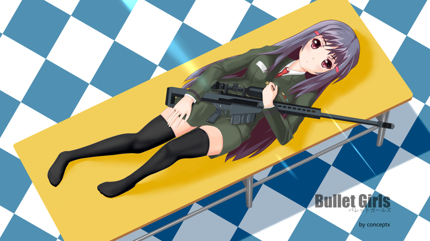 1girl, bad_id, bad_pixiv_id, black_thighhighs, bullet_girls, conceptx, gun, highres