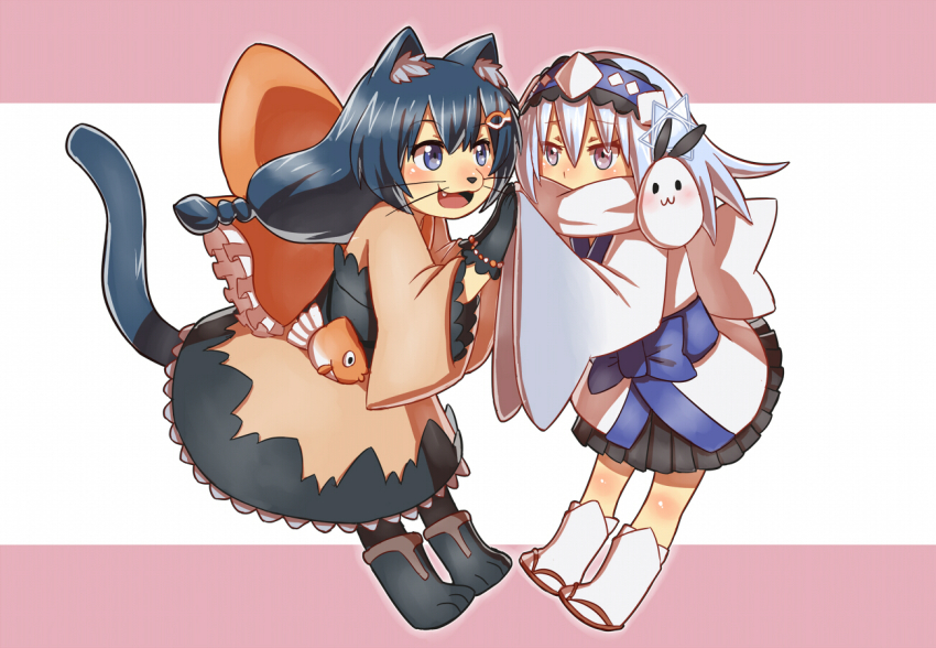 2girls, animal_ears, blue_hair, boots, cat_ears, cat_tail, diti_(selecta), duel_monster
