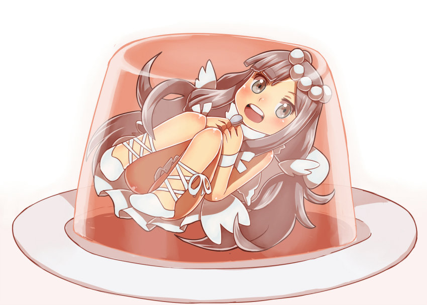 1girl, :o, angel, angel_wings, ankle_lace-up, beads, brown_hair, dessert, diti_(selecta), duel_monster, encasement, female_focus, fetal_position, food, full_body, gelatin, grey_eyes, hair_beads, hair_ornament, happy, in_food, knees_together_feet_apart, long_hair, looking_at_viewer, madolche_anjelly, mini_person, minigirl, open_mouth, pigeon-toed, plate, pun, round_teeth, shoes, sidelocks, simple_background, smile, solo, spoon, teeth, too_literal, very_long_hair, w_arms, white_background, white_shoes, wings, wrist_cuffs, yu-gi-oh!