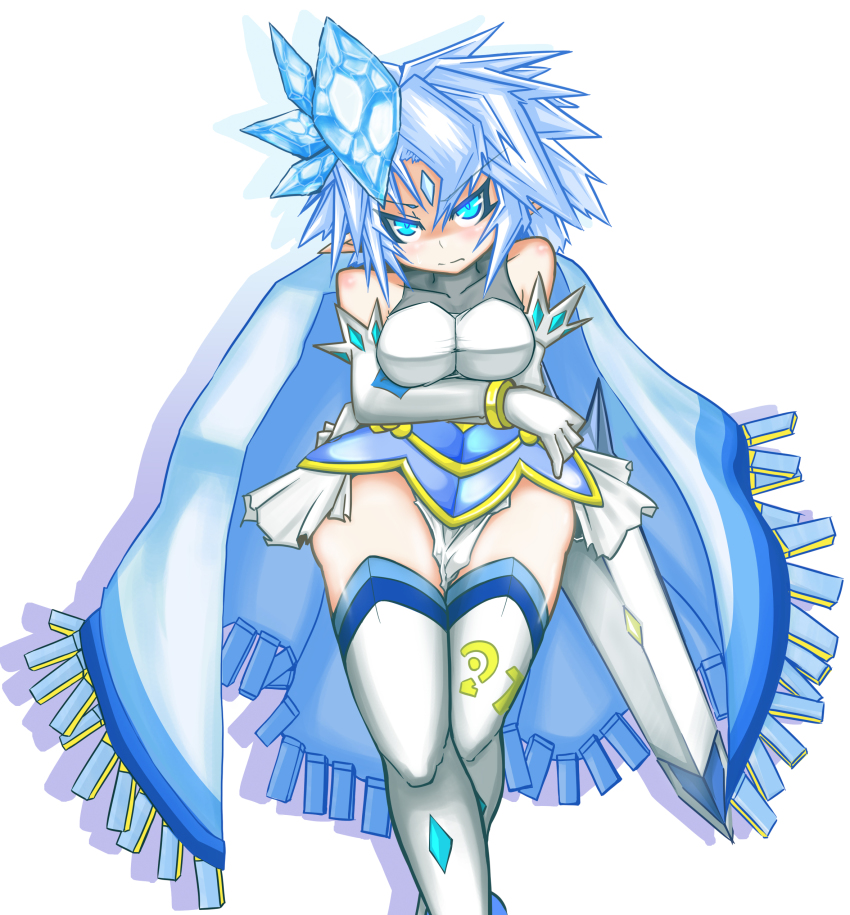 1girl, absurdres, blue_eyes, blue_hair, boots, breasts, duel_monster, elf, female_focus, furumeta, gloves, highres, ice, looking_at_viewer, matching_hair/eyes, number_21_frozen_lady_justice, pointy_ears, solo, sword, thigh_boots, thighhighs, weapon, yu-gi-oh!, yu-gi-oh!_zexal, yuu-gi-ou, yuu-gi-ou_zexal, zettai_ryouiki
