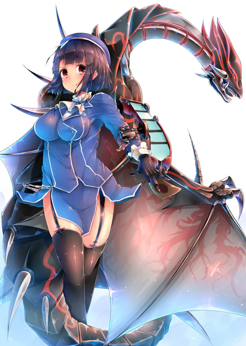 10s, 1girl, bad_id, bad_pixiv_id, black_hair, breasts, card, crossover, dragon, duel_disk, duel_monster, eclipse_wyvern, female_focus, frilled_thigh_strap, gloves, hat, highres, kantai_collection, kumashou_(nabeyama_kaidou), looking_at_viewer, military, military_hat, military_uniform, red_eyes, short_hair, simple_background, smile, takao_(kancolle), thigh_strap, thighhighs, yu-gi-oh!