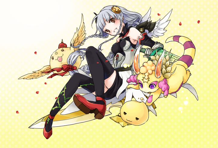 1girl, ahoge, armor, armored_dress, bare_shoulders, black_dress, black_thighhighs, bow