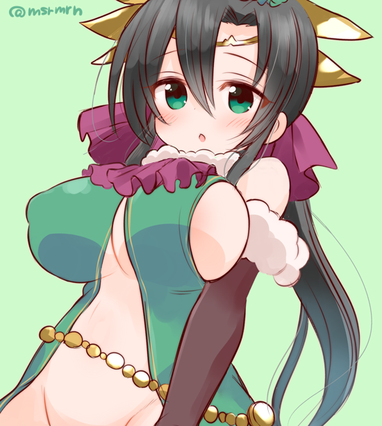 1girl, :o, bad_id, bad_twitter_id, black_gloves, black_hair, blush, breasts, chestnut_mouth, circlet, covered_erect_nipples, elbow_gloves, female_focus, fur_trim, gloves, green_background, green_eyes, groin, large_breasts, long_hair, looking_at_viewer, meopun_(meopen429), navel, open_mouth, puzzle_&amp;_dragons, sideboob, simple_background, solo, twintails, twitter_username, underboob, verdandi_(p&amp;d)