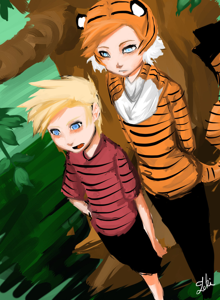 2boys, animal_ears, animal_print, blonde_hair, blue_eyes, calvin_&amp;_hobbes, calvin_(calvin_&amp;_hobbes), hand_on_own_hip, highres, hobbes_(calvin_&amp;_hobbes), hood, hoodie, image_sample, lokiescape, multiple_boys, open_mouth, personification, shirt, short_hair, shorts, smile, spiked_hair, striped_clothes, striped_shirt, tail, tiger, tiger_ears, tiger_print, tiger_tail, tree