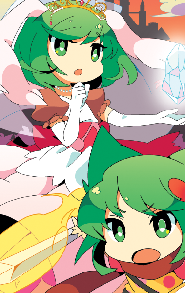 2girls, animal_ears, castle, cat_ears, coo-ko_(roo&amp;coo), dress, elbow_gloves, fire, flaming_sword, flaming_weapon, gem, gloves, green_eyes, green_hair, hand_on_own_chin, jewelry, layered_dress, multiple_girls, musical_note, mzh, necklace, original, pearl_necklace, puffy_sleeves, rabbit_ears, roo-ko_(roo&amp;coo), roo_&amp;_coo, sash, short_hair, swept_bangs, sword, tiara, weapon
