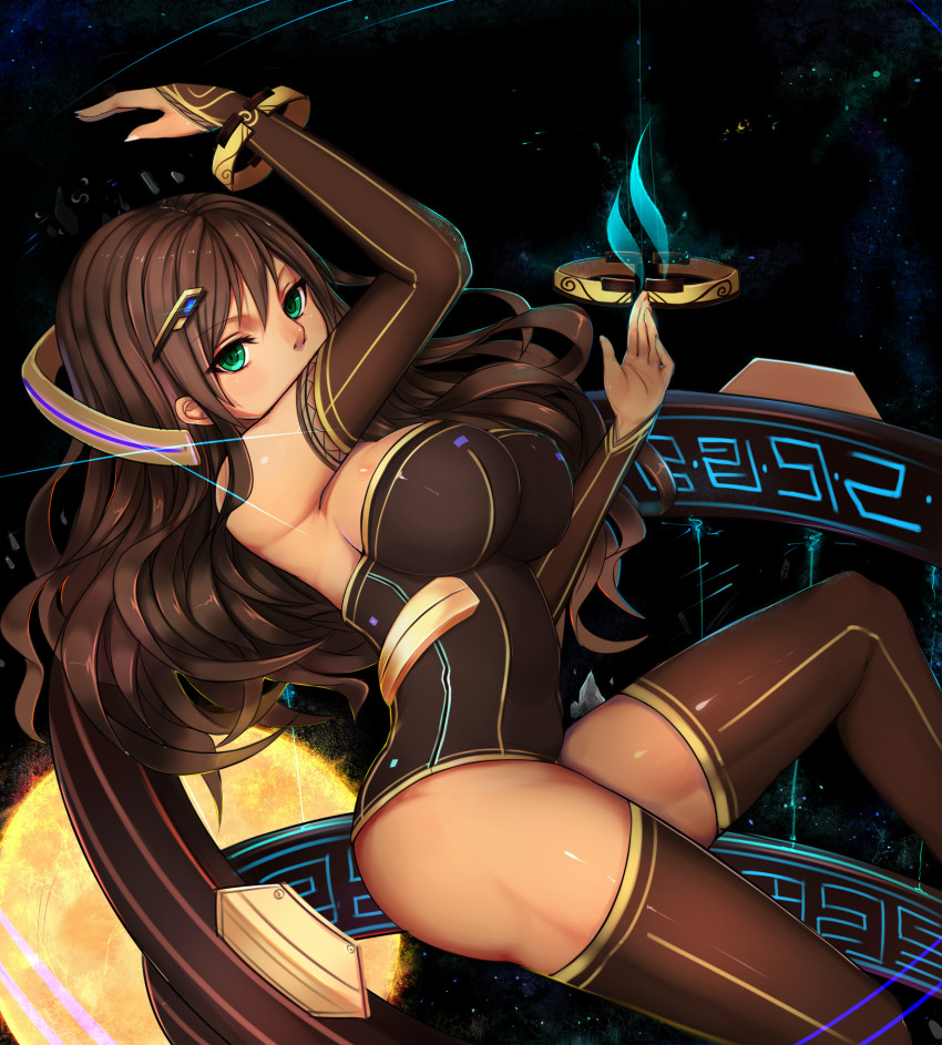 1girl, bare_shoulders, breasts, brown_hair, detached_sleeves, female_focus, green_eyes, hair_ornament