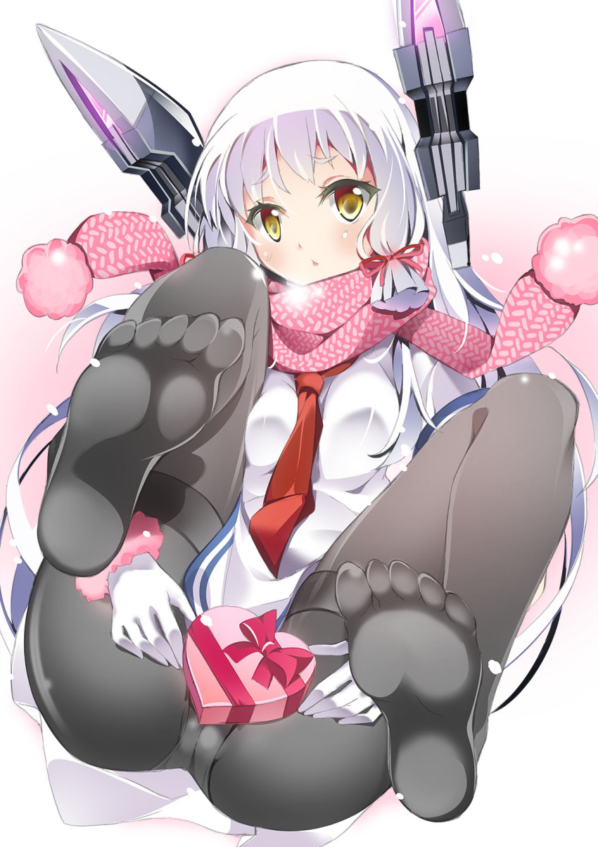 10s, 1girl, ass, black_pantyhose, dress, feet, female_focus, gift, gloves, highres, kantai_collection, long_hair, murakumo_(kancolle), murakumo_(valentine)_(kancolle), necktie, no_shoes, panties, panties_under_pantyhose, pantyhose, red_necktie, sailor_dress, scarf, soles, solo, toes, tomatomato_(tomato_kanzume), underwear, upskirt, valentine, white_hair, yellow_eyes