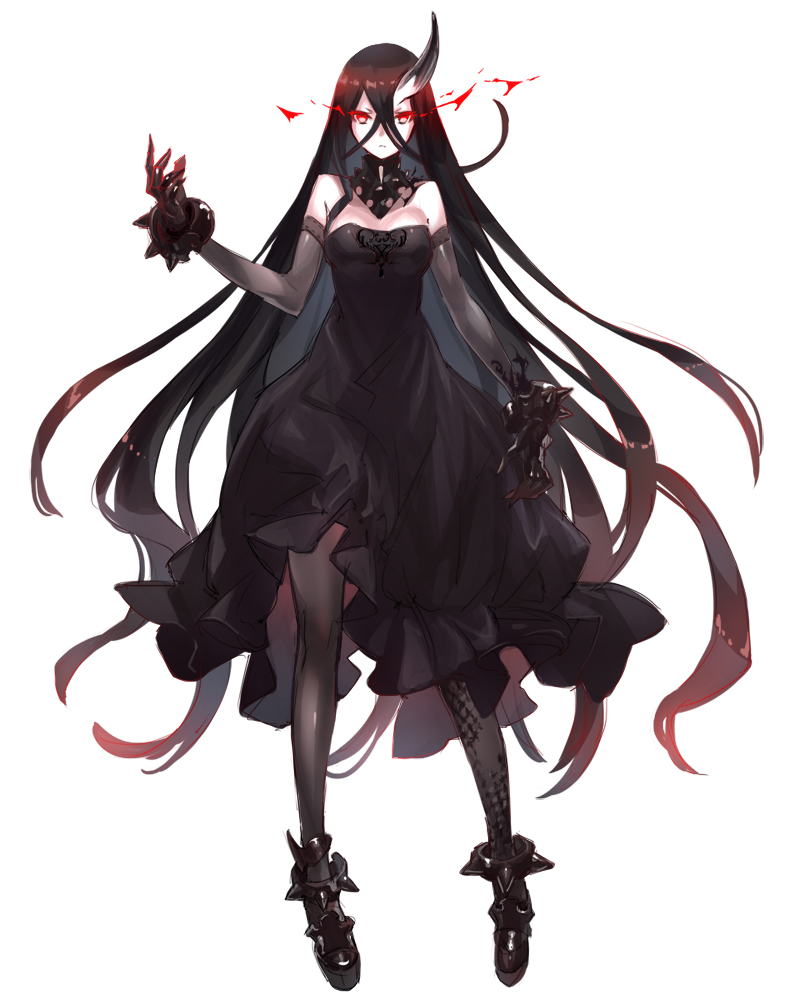 10s, 1girl, abyssal_ship, asymmetrical_legwear, bare_shoulders, battleship_water_oni, black_dress, black_gloves, black_hair, breasts, collar, colored_skin, crossed_bangs, da-kuro, dakuro, dress, elbow_gloves, female_focus, full_body, gloves, glowing, glowing_eyes, hair_between_eyes, horns, kantai_collection, large_breasts, long_hair, mismatched_legwear, pale_skin, pantyhose, simple_background, single_horn, solo, strapless, strapless_dress, very_long_hair, white_background, white_skin