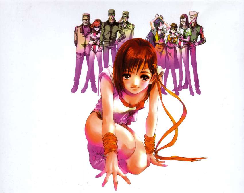 1980s_(style), 4boys, 5girls, amano_kazumi, glasses, hat, highres, higuchi_kimiko