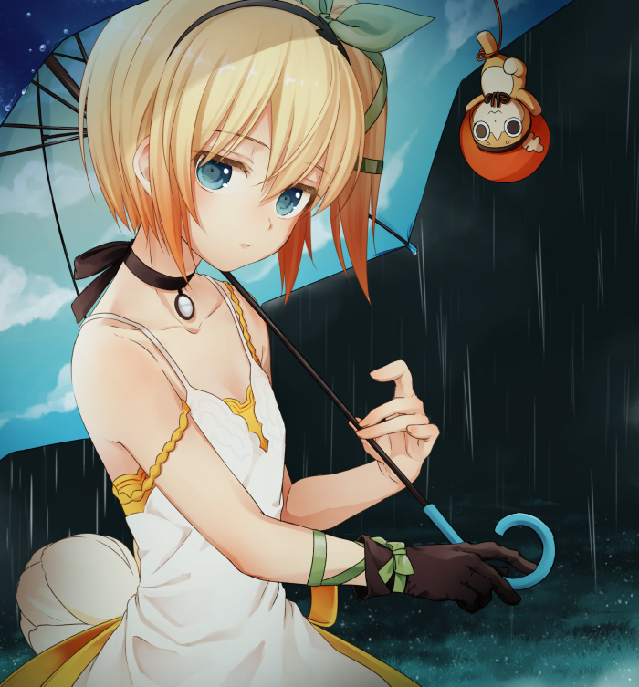 10s, 1girl, black_neckwear, blonde_hair, blue_eyes, choker, doll, edna_(tales), female_focus, gloves, hair_ribbon, hairband, ma_na_roo, normin_(tales), rain, ribbon, short_hair, side_ponytail, single_glove, skirt, solo, strap_slip, tales_of_(series), tales_of_zestiria, tress_ribbon, umbrella, white_skirt