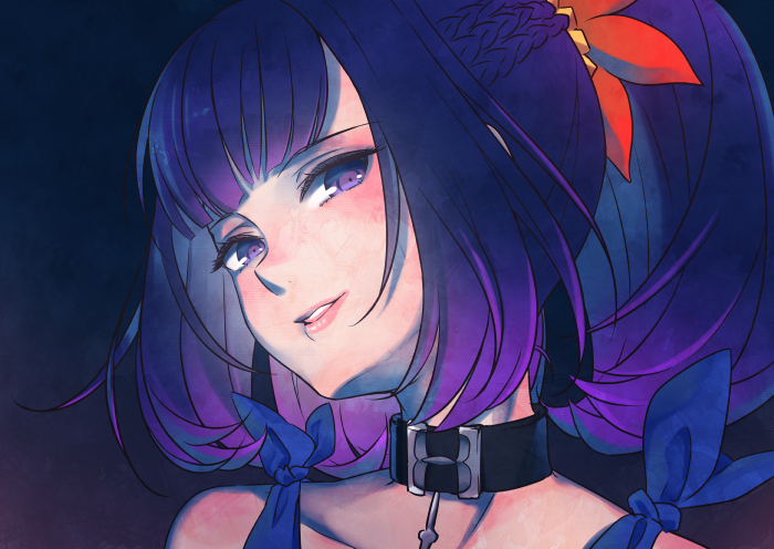 10s, 1girl, black_neckwear, braid, choker, female_focus, french_braid, high_ponytail, ma_na_roo, ponytail, portrait, purple_eyes, purple_hair, short_hair, smile, solo, symonne_(tales), tales_of_(series), tales_of_zestiria