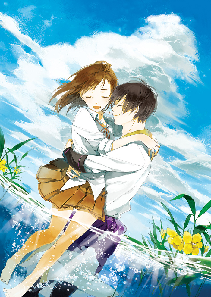 1boy, 1girl, bad_id, bad_pixiv_id, black_hair, brown_hair, cloud, couple
