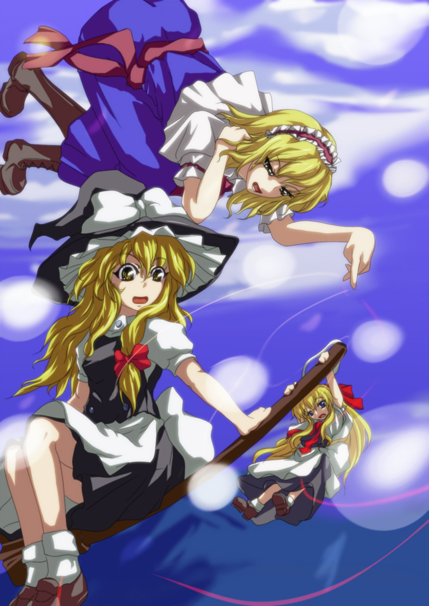 3girls, alice_margatroid, apron, blonde_hair, blue_eyes, broom, broom_riding, capelet