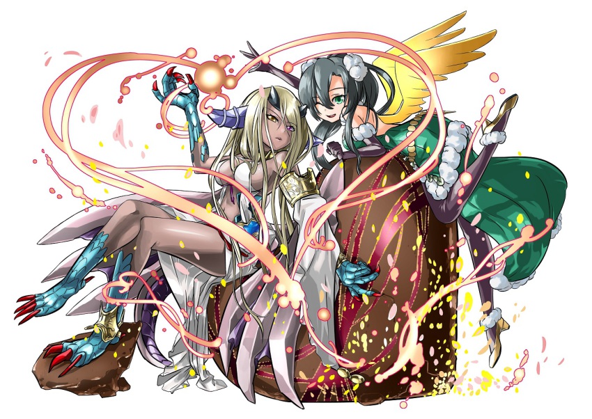 2girls, bad_id, bad_pixiv_id, bare_shoulders, black_gloves, black_hair, black_legwear, blonde_hair