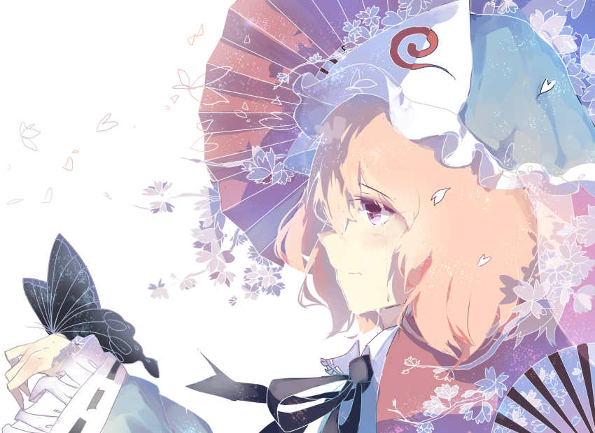 1girl, absurdres, bug, butterfly, crying, crying_with_eyes_open, female_focus, frilled_kimono