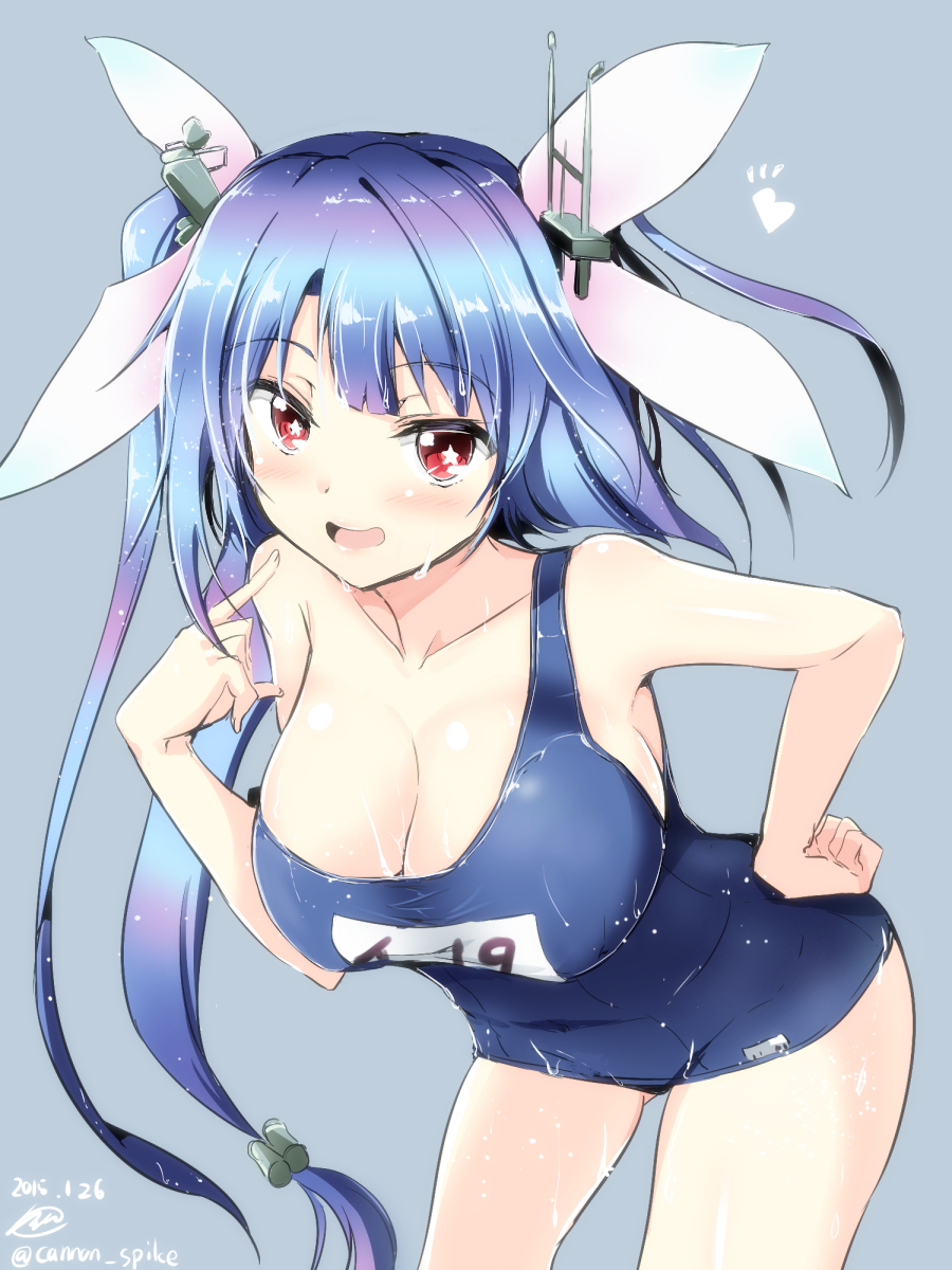 10s, 1girl, 2015, blue_hair, breasts, cleavage, collarbone, cowboy_shot