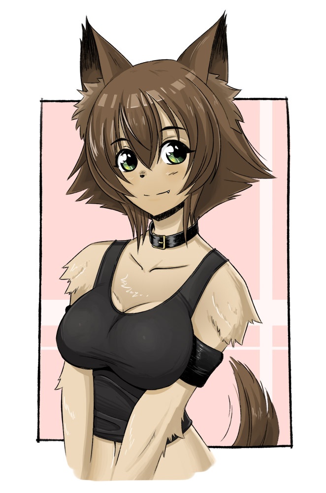 10s, 1girl, animal_ears, artist_request, breasts, breasts_squeezed_together, brown_hair, collar, dog_ears, dog_girl, dog_tail, fang, female_focus, furry, furry_female, green_eyes, monster_girl, monster_musume_no_iru_nichijou, navel, polt, smile, solo, tail, tail_wagging, tokuma_shoten, upper_body