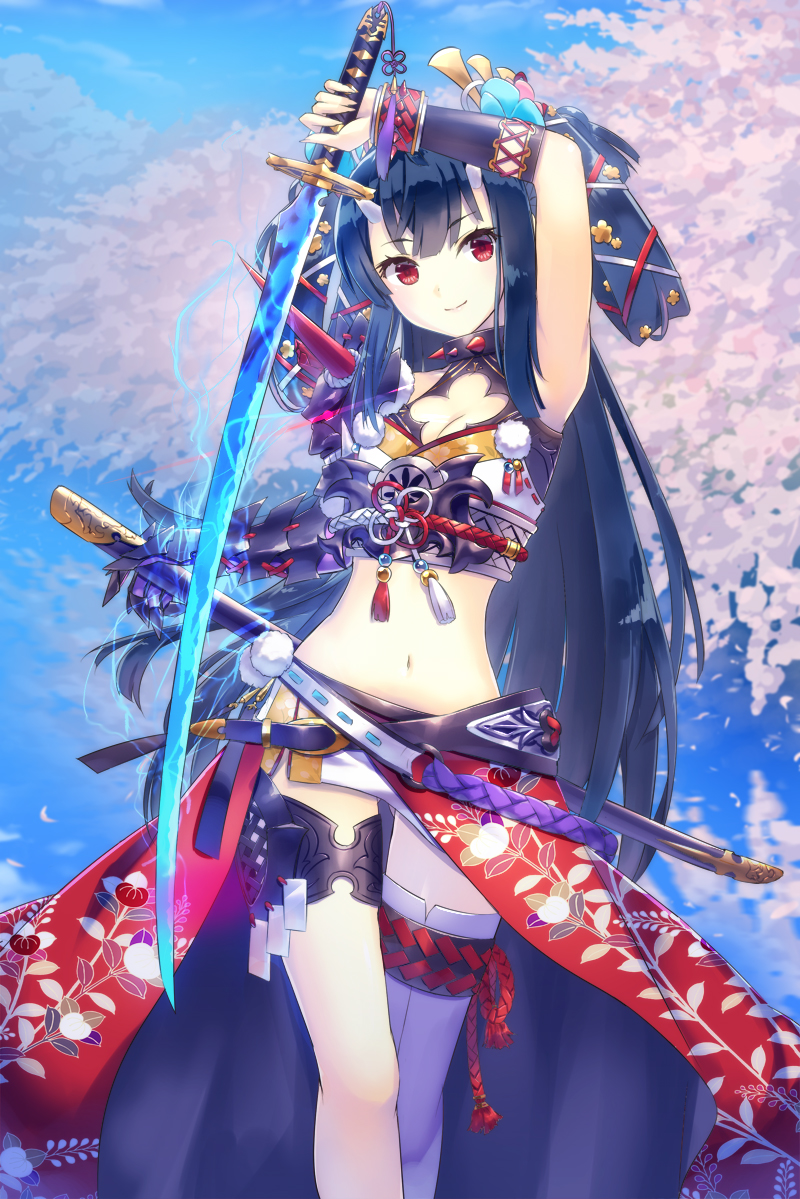 10s, 1girl, arm_up, armor, armpits, black_hair, breasts, chain_chronicle