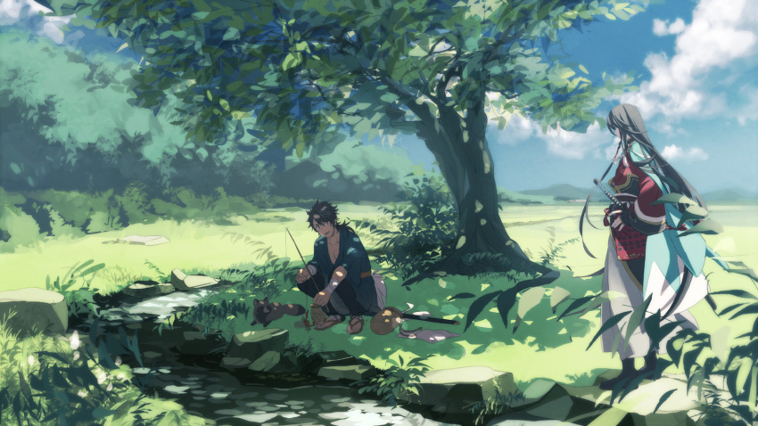 10s, 2boys, bad_id, bad_pixiv_id, basket, black_hair, cloud, crab, day, fishing, fishing_rod, grass, grey_hair, highres, hone_(1055890141), izumi-no-kami_kanesada, japanese_clothes, katana, kimono, long_hair, male_focus, multiple_boys, mutsu-no-kami_yoshiyuki, outdoors, sandals, sheath, sheathed, sky, squatting, standing, stream, sword, tanuki, touken_ranbu, tree, tree_shade, very_long_hair, weapon, wrist_wrap