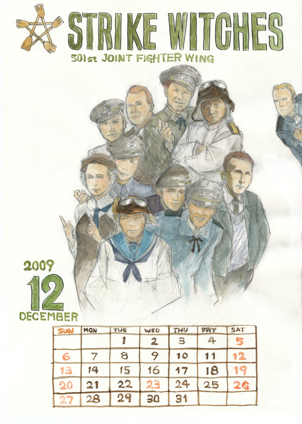 00s, 1girl, 2009, 501st_joint_fighter_wing, 6+boys, akai_sashimi, ascot, billy_bishop, blonde_hair, brown_hair, charlotte_e._yeager, chuck_yeager, colored_pencil_(medium), copyright_name, december, eila_ilmatar_juutilainen, eino_ilmari_juutilainen, erica_hartmann, erich_hartmann, francesca_lucchini, franco_lucchini, gerhard_barkhorn, gertrud_barkhorn, goggles, graphite_(medium), grin, hat, helmet, highres, lydia_v_litvyak, lynette_bishop, male_focus, military, military_uniform, minna-dietlinde_wilcke, miyafuji_yoshika, multiple_boys, mutou_kaneyoshi, neck_ribbon, necktie, peaked_cap, perrine_h._clostermann, pierre_clostermann, ribbon, sakai_saburou, sakamoto_mio, sanya_v._litvyak, short_hair, sketch, smile, strike_witches, traditional_media, william_bishop, wolf-dietrich_wilcke, world_war_ii, world_witches_series